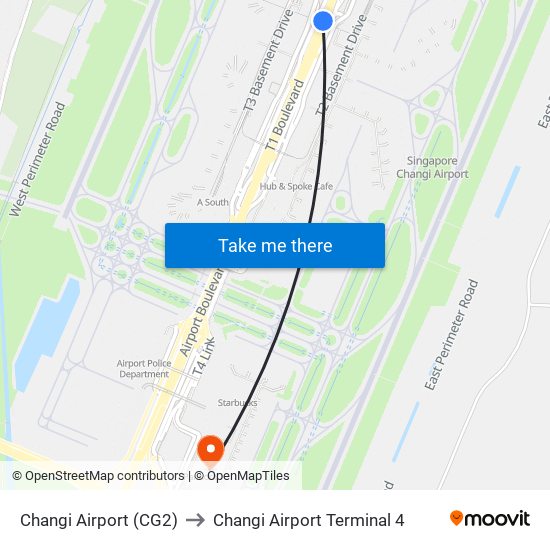 Changi Airport (CG2) to Changi Airport Terminal 4 map