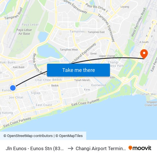 Jln Eunos - Eunos Stn (83101) to Changi Airport Terminal 4 map