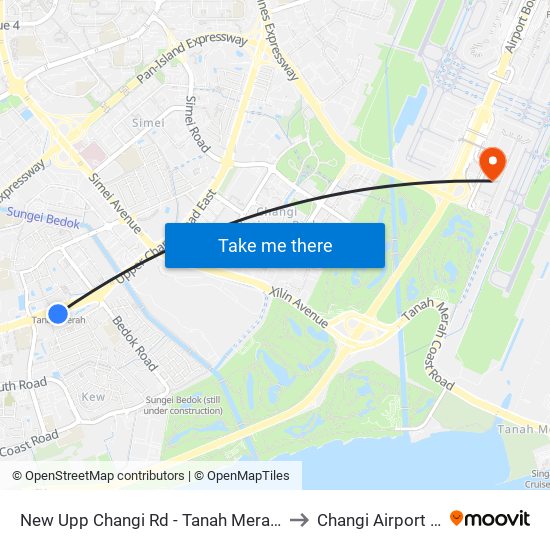 New Upp Changi Rd - Tanah Merah Stn Exit A (85099) to Changi Airport Terminal 4 map