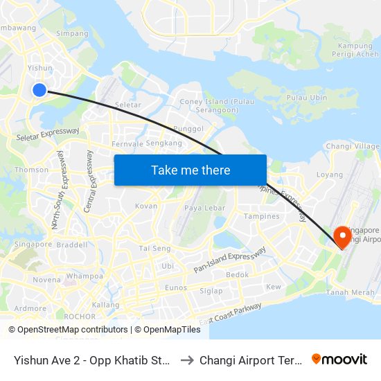 Yishun Ave 2 - Opp Khatib Stn (59049) to Changi Airport Terminal 4 map