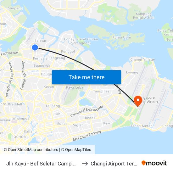 Jln Kayu - Bef Seletar Camp G (68111) to Changi Airport Terminal 4 map