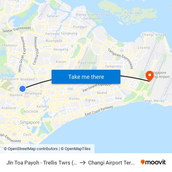 Jln Toa Payoh - Trellis Twrs (52071) to Changi Airport Terminal 4 map