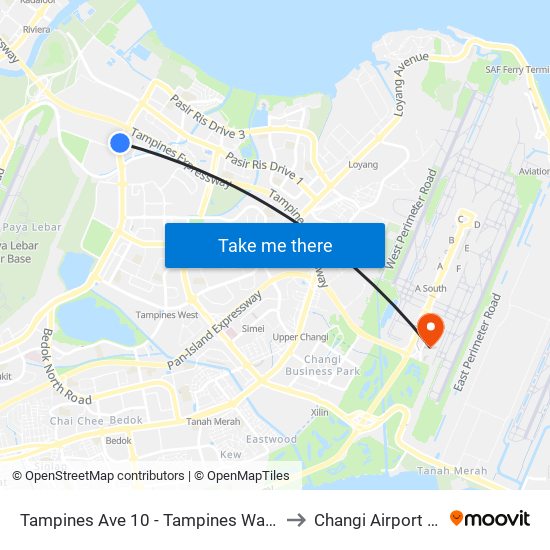 Tampines Ave 10 - Tampines Wafer Fab Pk (75351) to Changi Airport Terminal 4 map
