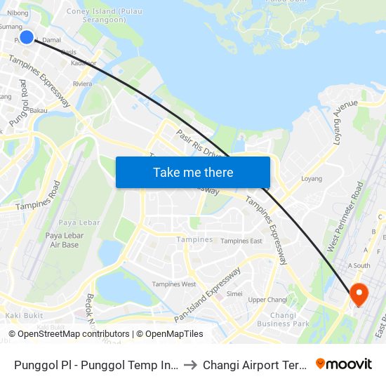 Punggol Pl - Punggol Temp Int (65009) to Changi Airport Terminal 4 map