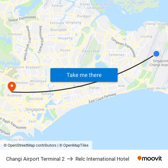 Changi Airport Terminal 2 to Relc International Hotel map