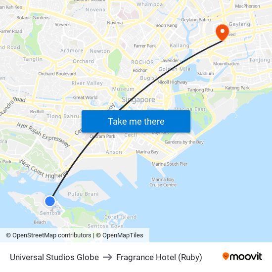 Universal Studios Globe to Fragrance Hotel (Ruby) map