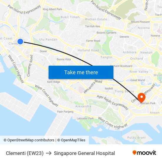 Clementi (EW23) to Singapore General Hospital map