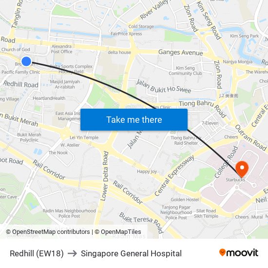 Redhill (EW18) to Singapore General Hospital map