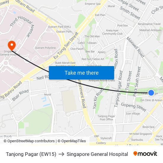 Tanjong Pagar (EW15) to Singapore General Hospital map