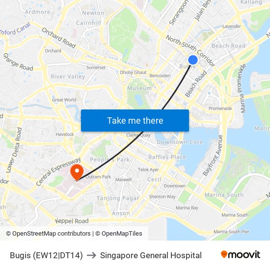 Bugis (EW12|DT14) to Singapore General Hospital map