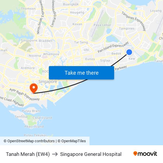 Tanah Merah (EW4) to Singapore General Hospital map