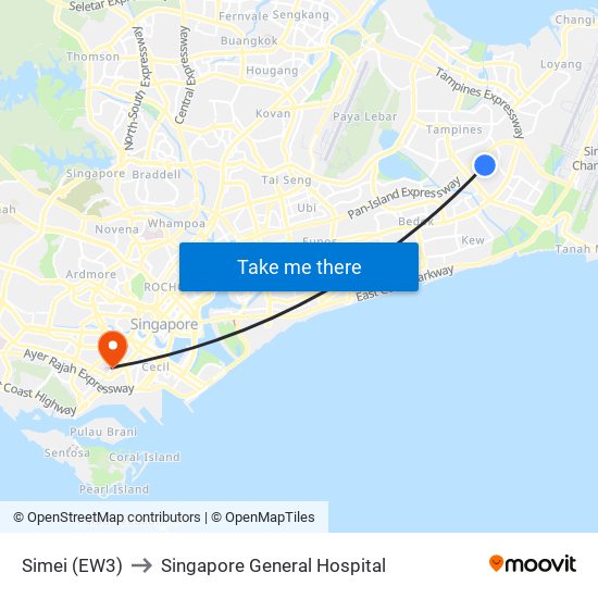 Simei (EW3) to Singapore General Hospital map