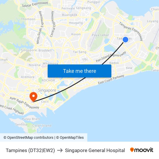 Tampines (DT32|EW2) to Singapore General Hospital map