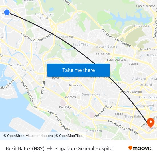 Bukit Batok (NS2) to Singapore General Hospital map