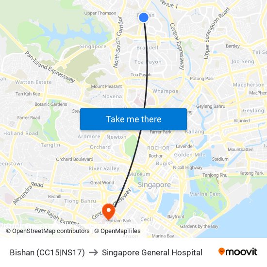 Bishan (CC15|NS17) to Singapore General Hospital map