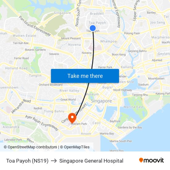 Toa Payoh (NS19) to Singapore General Hospital map