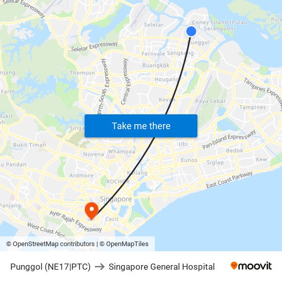 Punggol (NE17|PTC) to Singapore General Hospital map