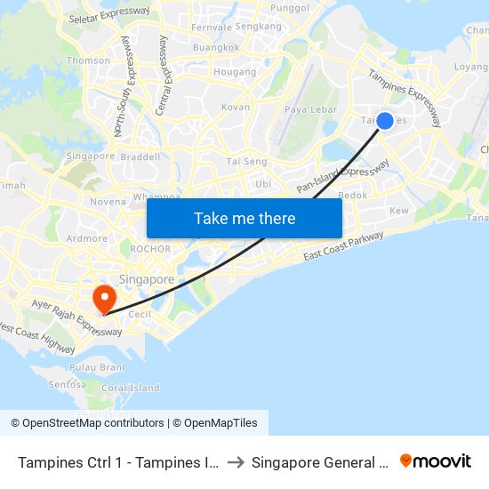 Tampines Ctrl 1 - Tampines Int (75009) to Singapore General Hospital map