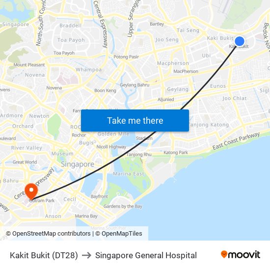 Kakit Bukit (DT28) to Singapore General Hospital map