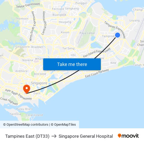 Tampines East (DT33) to Singapore General Hospital map