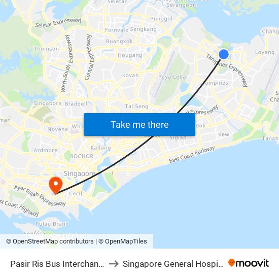 Pasir Ris Bus Interchange to Singapore General Hospital map