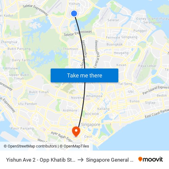 Yishun Ave 2 - Opp Khatib Stn (59049) to Singapore General Hospital map