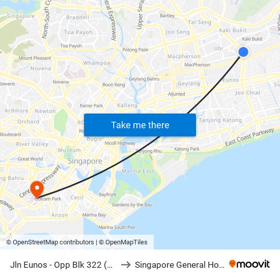 Jln Eunos - Opp Blk 322 (72019) to Singapore General Hospital map