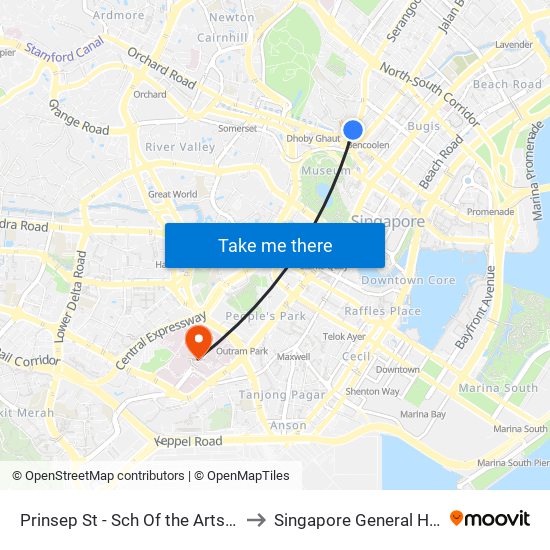 Prinsep St - Sch Of the Arts (08079) to Singapore General Hospital map