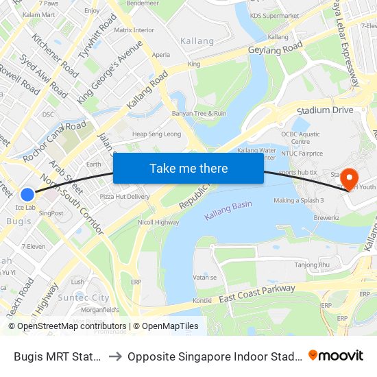 Bugis MRT Station to Opposite Singapore Indoor Stadium map