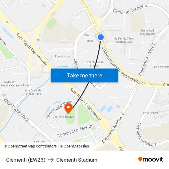 Clementi (EW23) to Clementi Stadium map