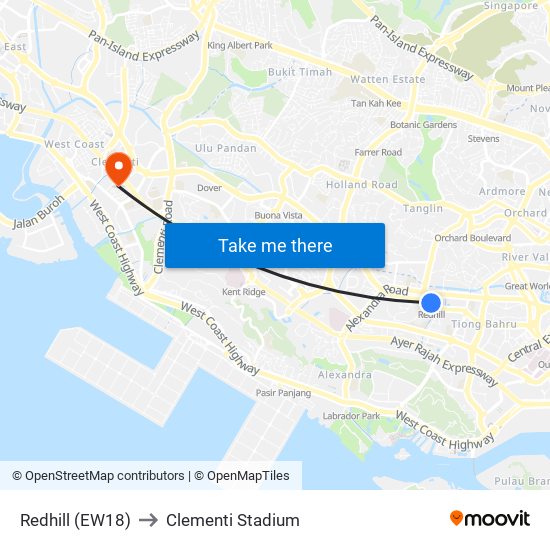 Redhill (EW18) to Clementi Stadium map