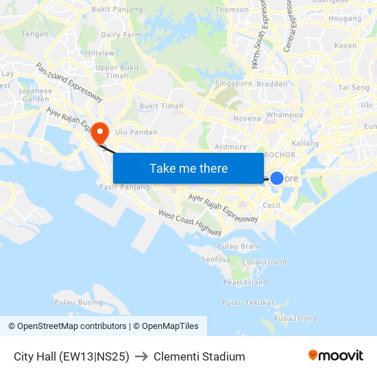 City Hall (EW13|NS25) to Clementi Stadium map