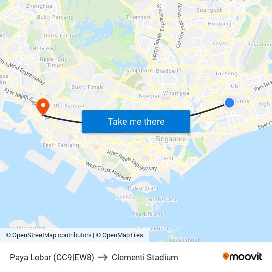 Paya Lebar (CC9|EW8) to Clementi Stadium map