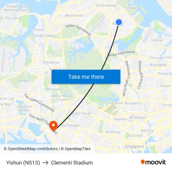 Yishun (NS13) to Clementi Stadium map