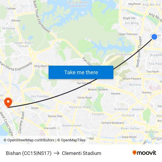 Bishan (CC15|NS17) to Clementi Stadium map