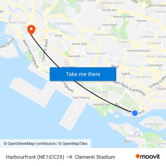 Harbourfront (NE1|CC29) to Clementi Stadium map