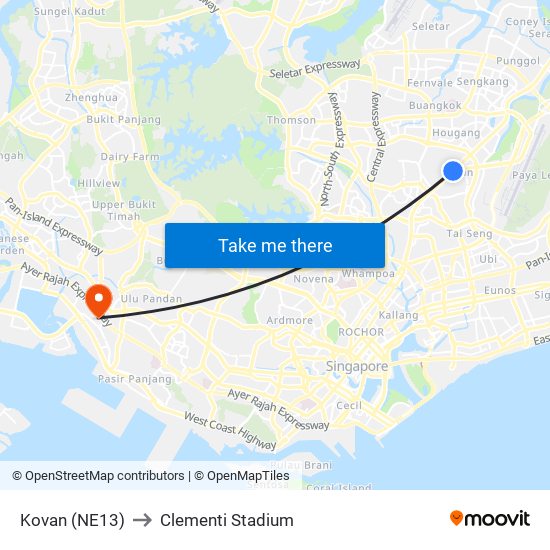 Kovan (NE13) to Clementi Stadium map