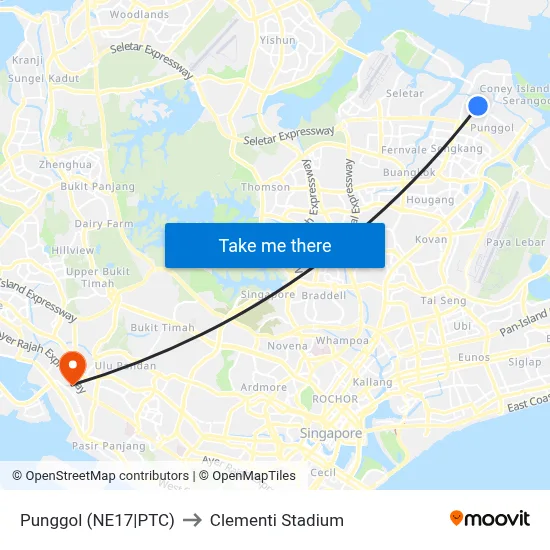 Punggol (NE17|PTC) to Clementi Stadium map