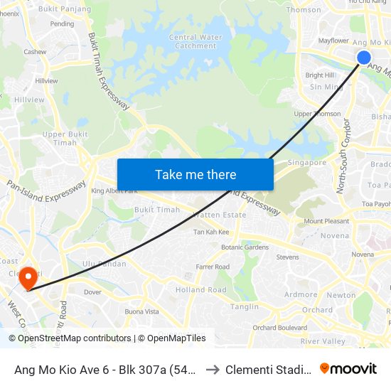 Ang Mo Kio Ave 6 - Blk 307a (54019) to Clementi Stadium map
