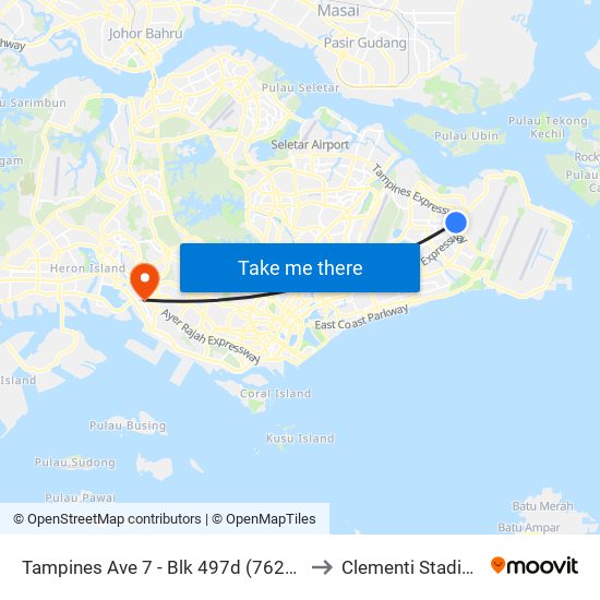 Tampines Ave 7 - Blk 497d (76241) to Clementi Stadium map