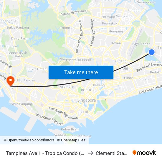 Tampines Ave 1 - Tropica Condo (75259) to Clementi Stadium map