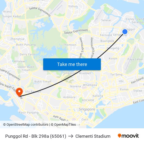 Punggol Rd - Blk 298a (65061) to Clementi Stadium map