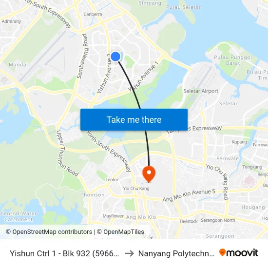 Yishun Ctrl 1 - Blk 932 (59661) to Nanyang Polytechnic map