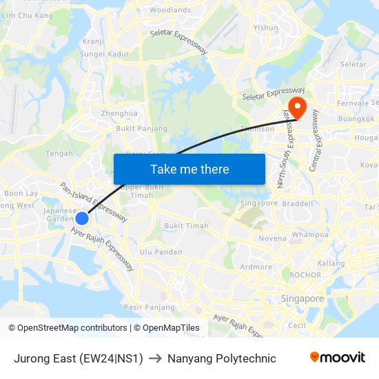 Jurong East (EW24|NS1) to Nanyang Polytechnic map