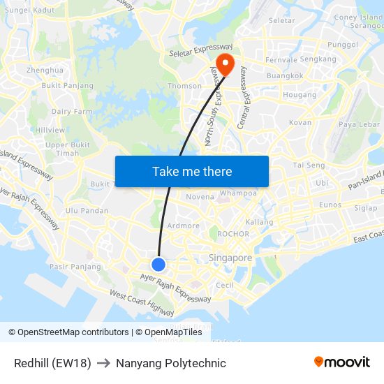 Redhill (EW18) to Nanyang Polytechnic map