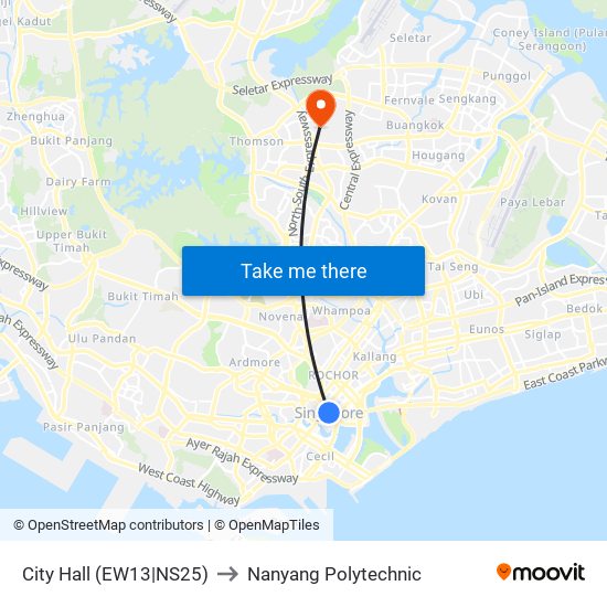 City Hall (EW13|NS25) to Nanyang Polytechnic map