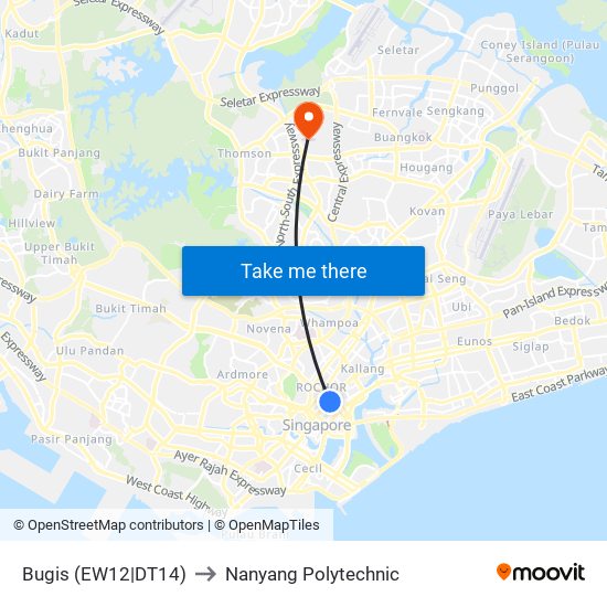 Bugis (EW12|DT14) to Nanyang Polytechnic map