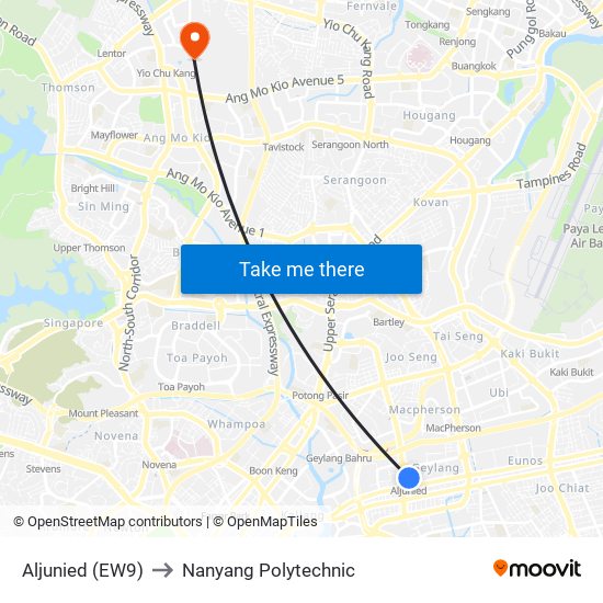 Aljunied (EW9) to Nanyang Polytechnic map