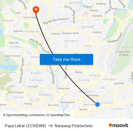 Paya Lebar (CC9|EW8) to Nanyang Polytechnic map