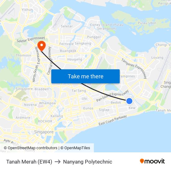 Tanah Merah (EW4) to Nanyang Polytechnic map